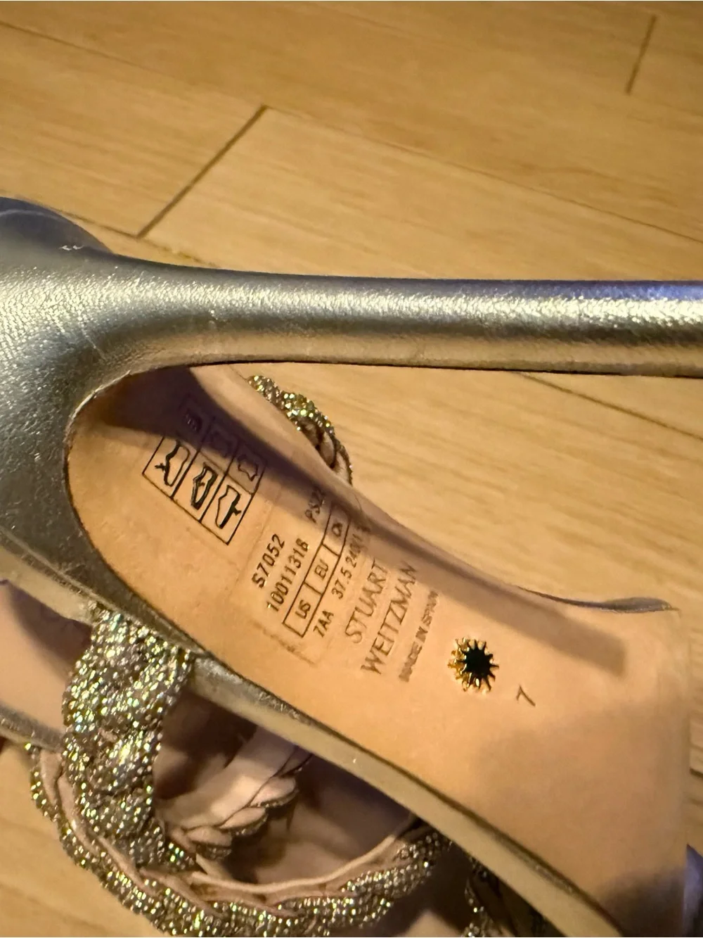 Stuart Weitzman Silver Braided Crystal Embellished Stiletto Sandals, Size 7